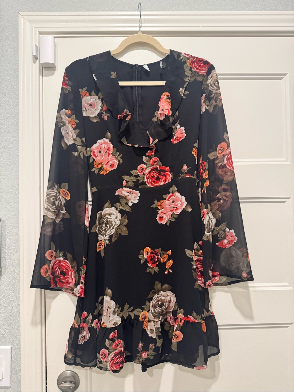 Lulu's Black Floral Ruffle Neck Long Sleeve Dress